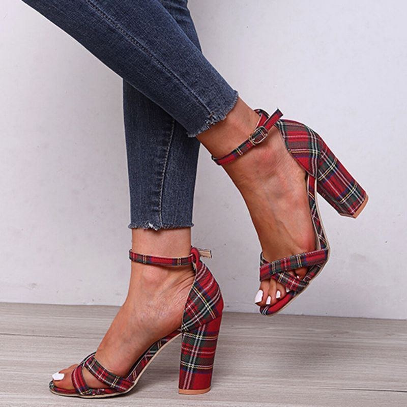 Dame Plaid Cross Strap Gitter Decor Spænde Højhælede Sandaler