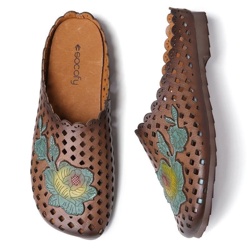 Dame Retro Læder Blomsterapplikationsudskæringer Bløde Flade Mule Træsko Slip-on Sandaler