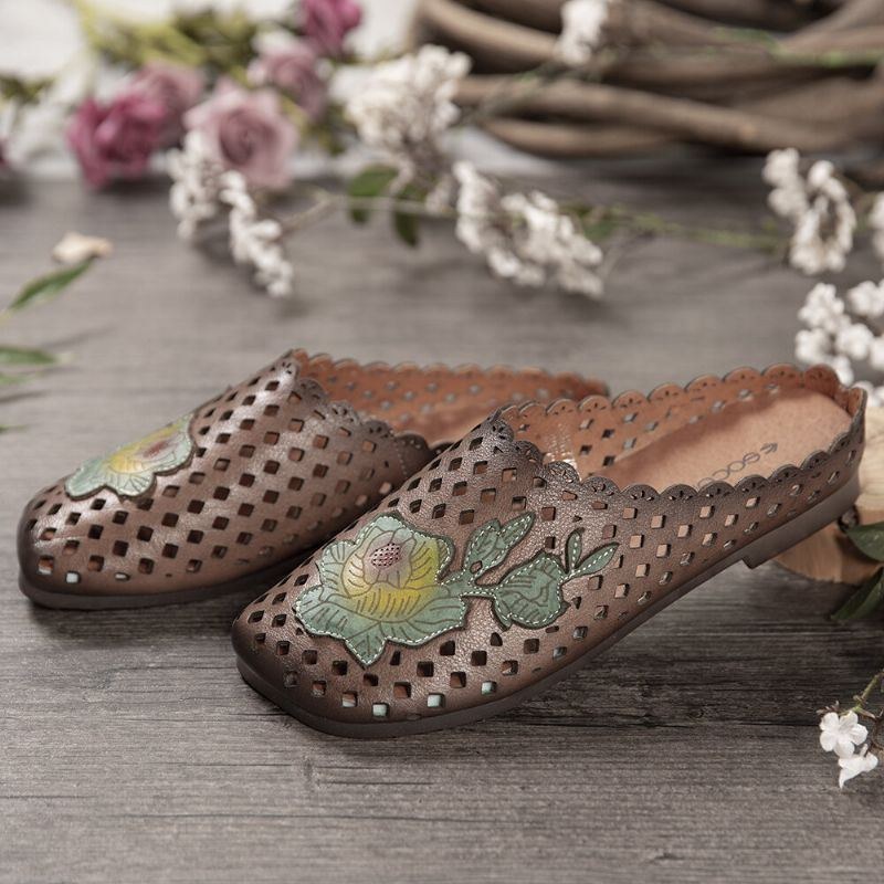 Dame Retro Læder Blomsterapplikationsudskæringer Bløde Flade Mule Træsko Slip-on Sandaler