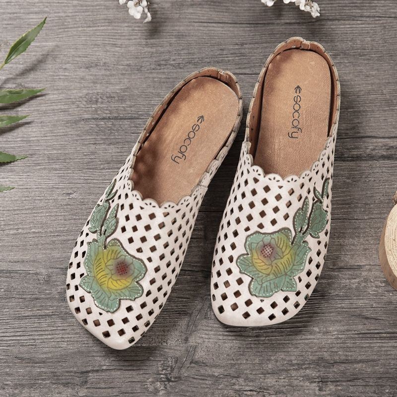 Dame Retro Læder Blomsterapplikationsudskæringer Bløde Flade Mule Træsko Slip-on Sandaler