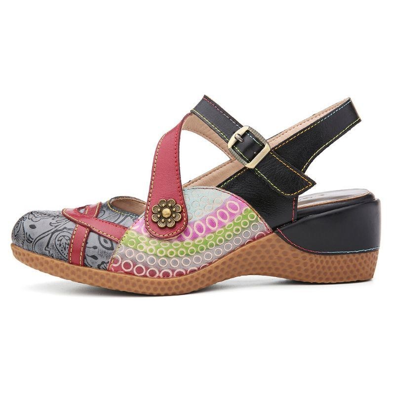 Dame Retro Læder Malet Blomster Krogløkke Slingback Mules Kile Sandaler