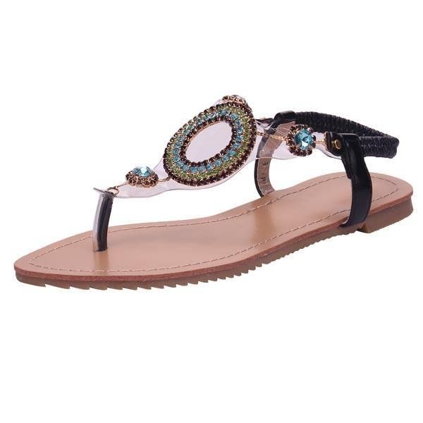 Dame Rhinestone Beaded Elastisk Flip Flop Casual Flade Sandaler