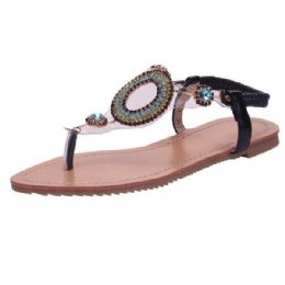 Dame Rhinestone Beaded Elastisk Flip Flop Casual Flade Sandaler