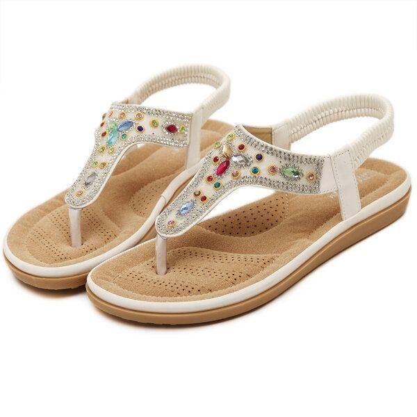 Dame Rhinestone Bohemian Beach Flip Flops Peep Toe Flade Sandaler Hjemmesko