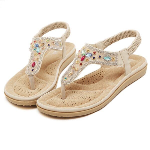 Dame Rhinestone Bohemian Beach Flip Flops Peep Toe Flade Sandaler Hjemmesko