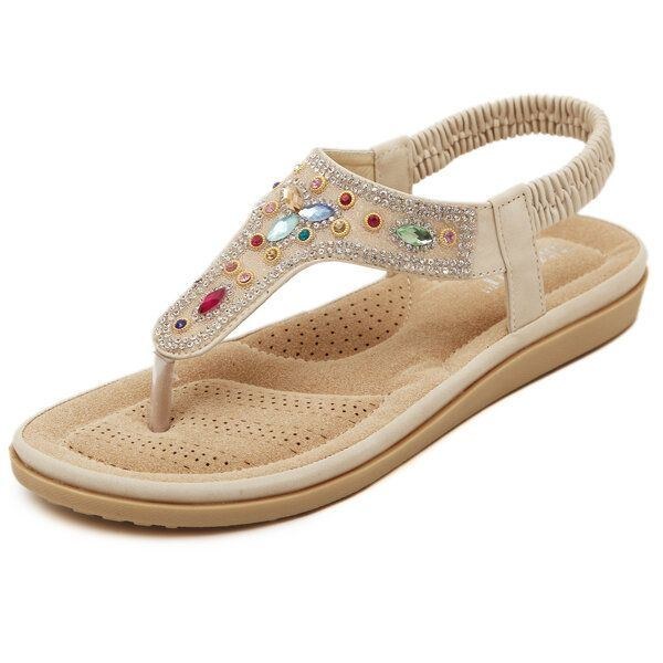 Dame Rhinestone Bohemian Beach Flip Flops Peep Toe Flade Sandaler Hjemmesko