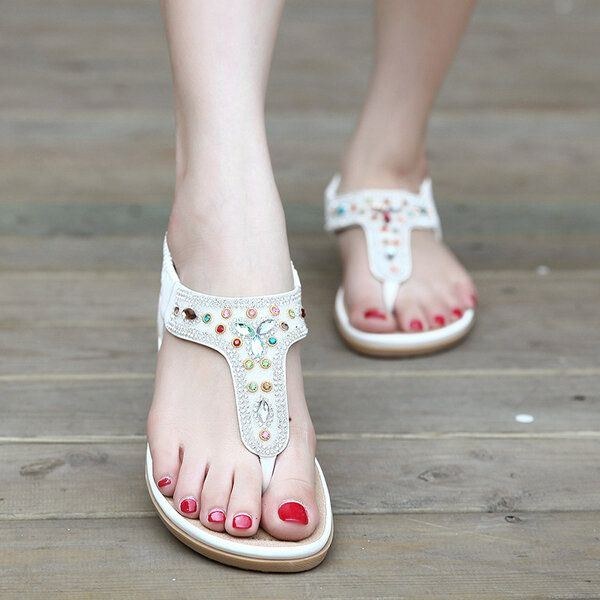 Dame Rhinestone Bohemian Beach Flip Flops Peep Toe Flade Sandaler Hjemmesko