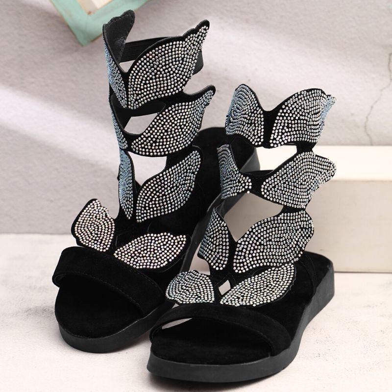 Dame Rhinestone Butterfly Open Toe Fashion Party Flade Sandaler