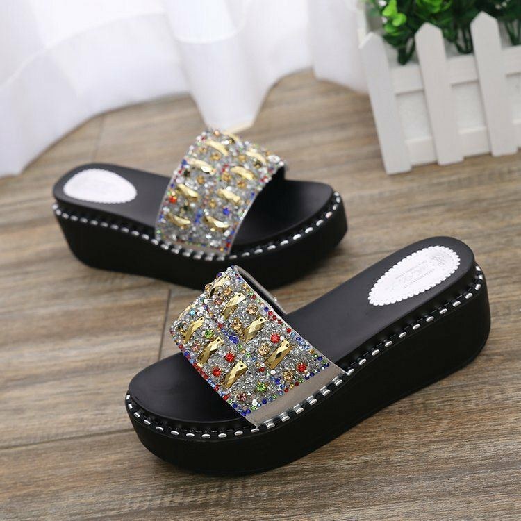 Dame Rhinestone Dekor Platform Slide Sandaler