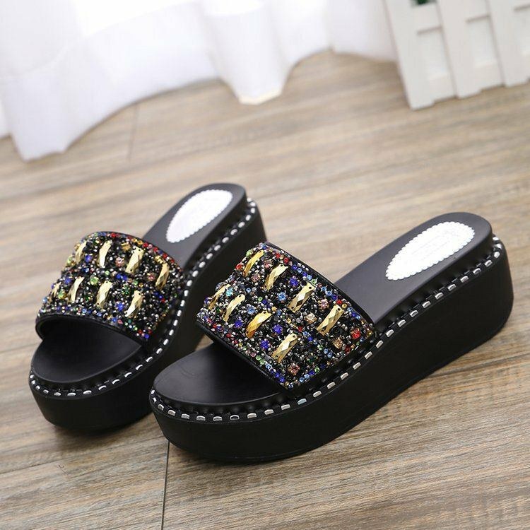 Dame Rhinestone Dekor Platform Slide Sandaler