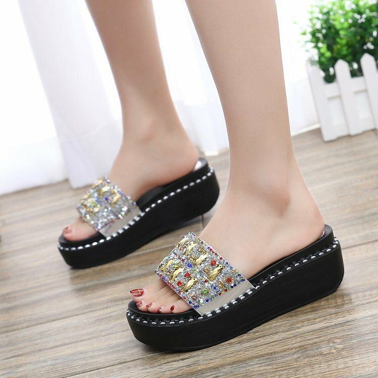 Dame Rhinestone Dekor Platform Slide Sandaler