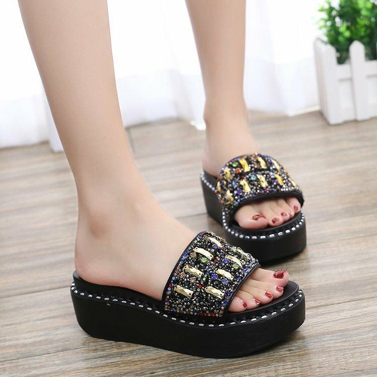 Dame Rhinestone Dekor Platform Slide Sandaler