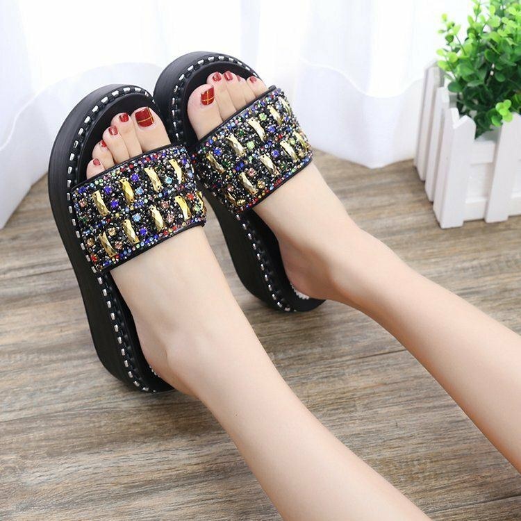 Dame Rhinestone Dekor Platform Slide Sandaler