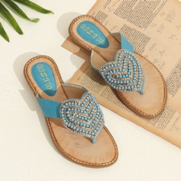 Dame Rhinestone Heart Shape Decor Clip Toe Flats Sandaler