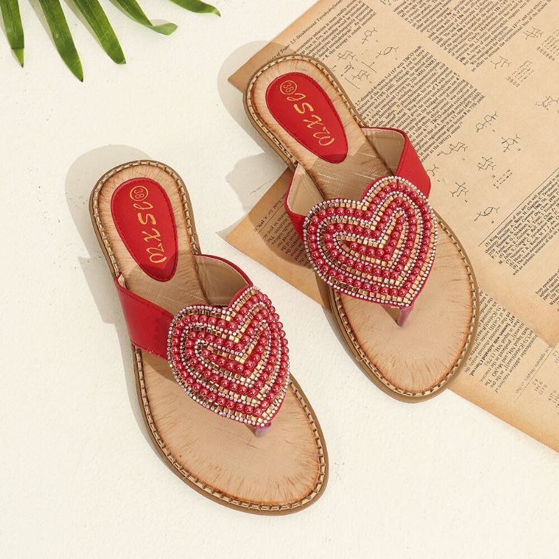 Dame Rhinestone Heart Shape Decor Clip Toe Flats Sandaler