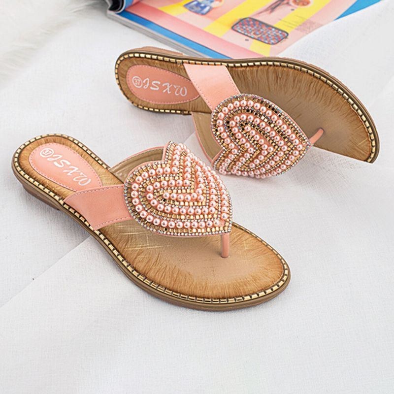 Dame Rhinestone Heart Shape Decor Clip Toe Flats Sandaler