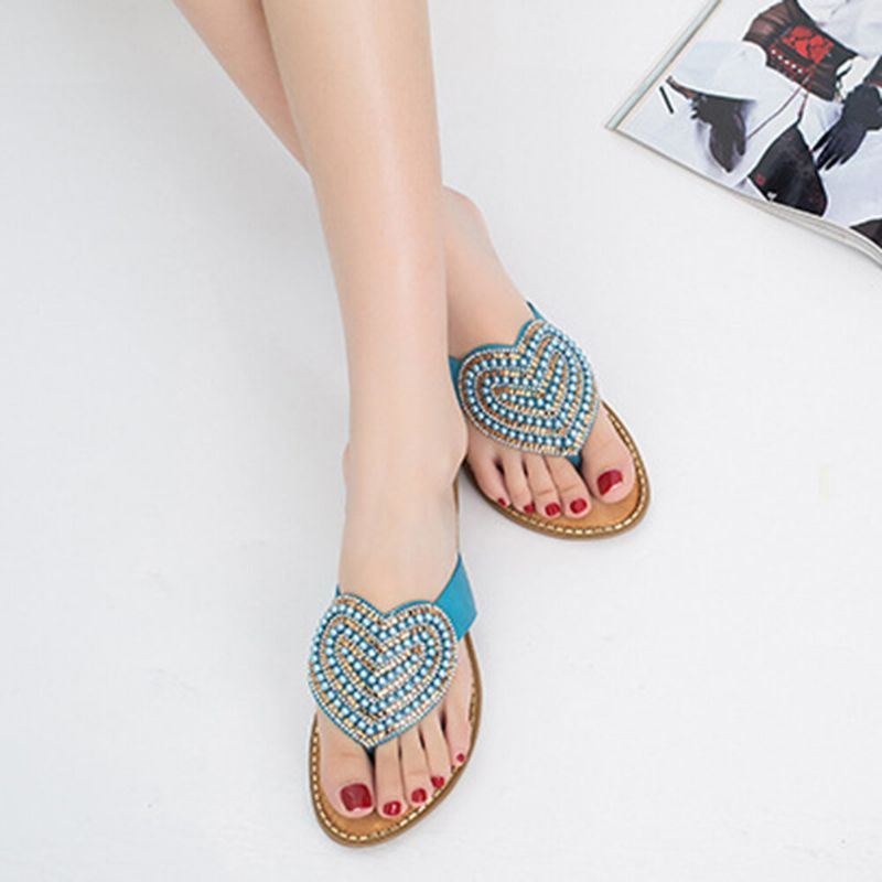 Dame Rhinestone Heart Shape Decor Clip Toe Flats Sandaler