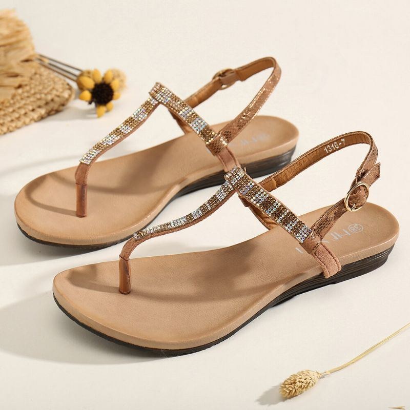 Dame Rhinestone Spænde Strap Comfy Non-slip Beach Clip Toe Sandaler