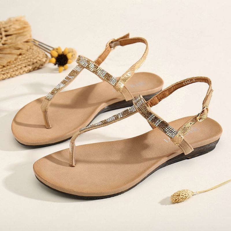 Dame Rhinestone Spænde Strap Comfy Non-slip Beach Clip Toe Sandaler