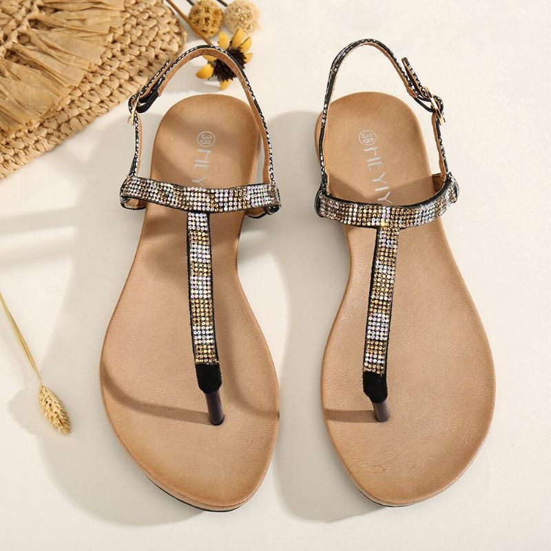 Dame Rhinestone Spænde Strap Comfy Non-slip Beach Clip Toe Sandaler