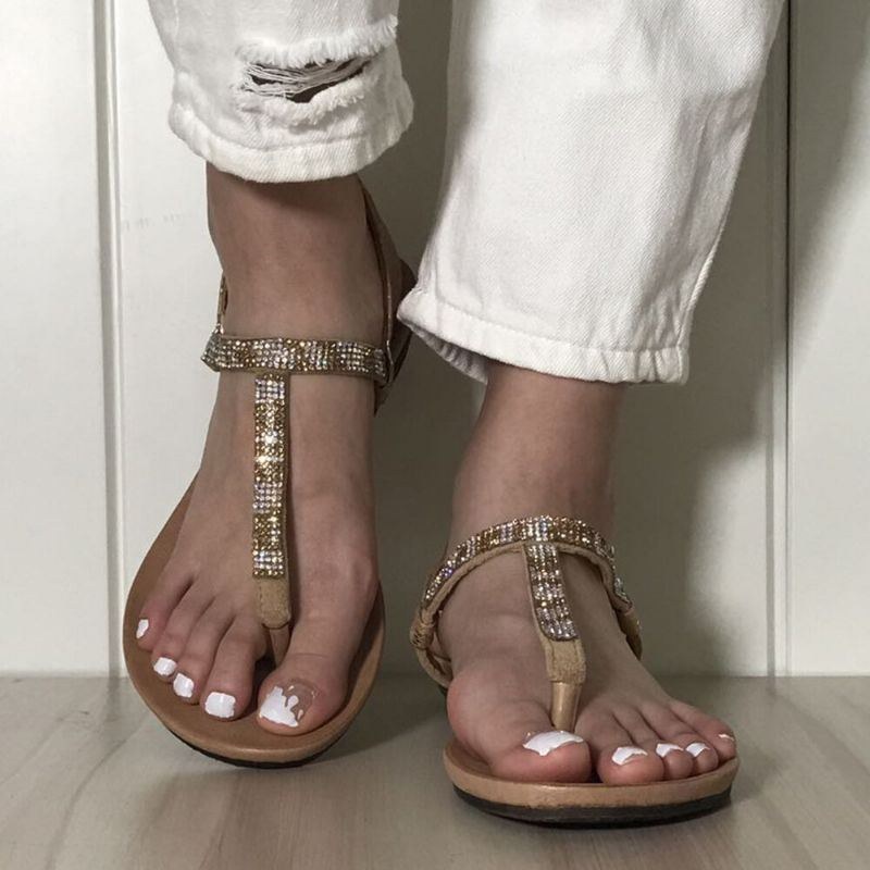 Dame Rhinestone Spænde Strap Comfy Non-slip Beach Clip Toe Sandaler