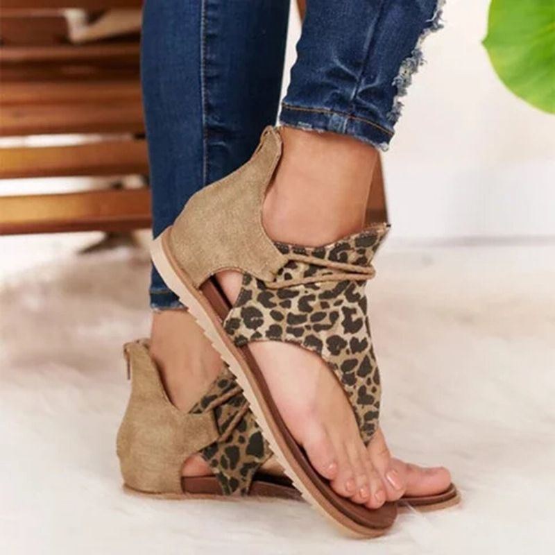 Dame Roman Animal Grain Splejsning Clip Toe Sommer Flade Gladiator Sandaler