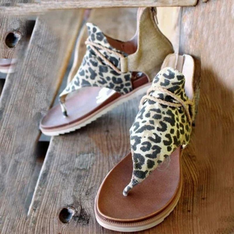 Dame Roman Animal Grain Splejsning Clip Toe Sommer Flade Gladiator Sandaler