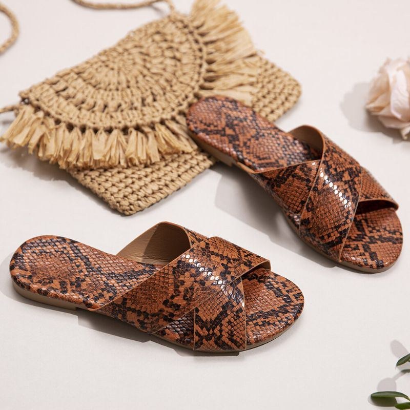 Dame Snakeskin Print Cross Bælte Flats Sandaler