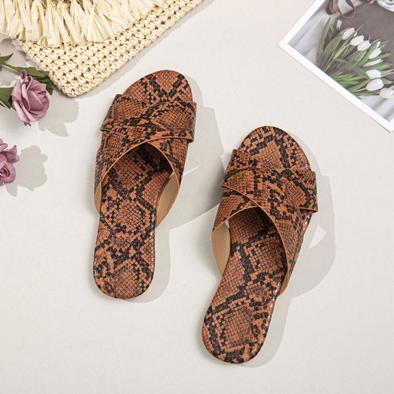 Dame Snakeskin Print Cross Bælte Flats Sandaler