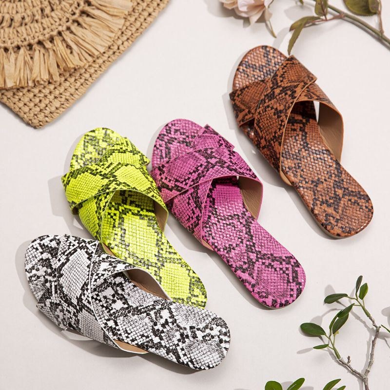 Dame Snakeskin Print Cross Bælte Flats Sandaler