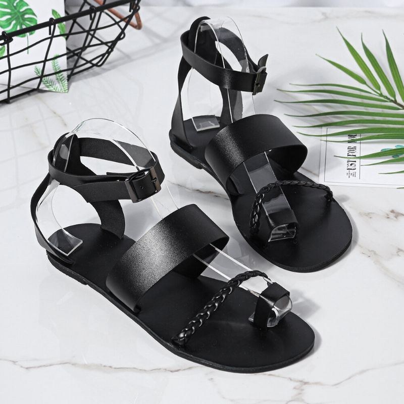 Dame Sommer Roman Black Clip Toe Spænde Strap Flade Sandaler