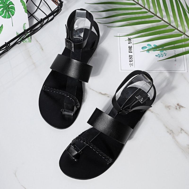 Dame Sommer Roman Black Clip Toe Spænde Strap Flade Sandaler