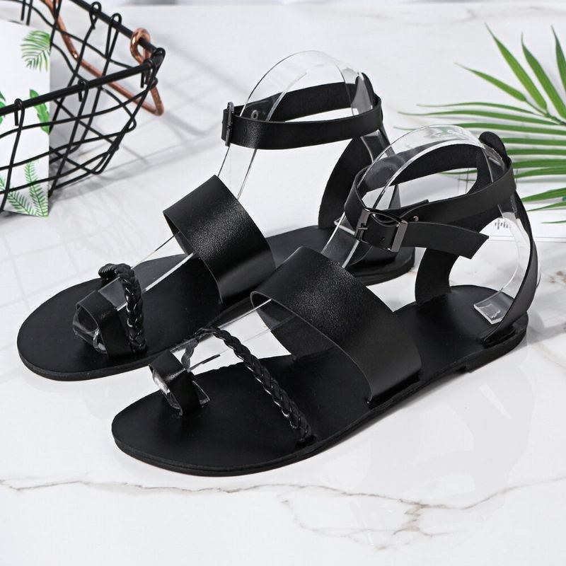 Dame Sommer Roman Black Clip Toe Spænde Strap Flade Sandaler