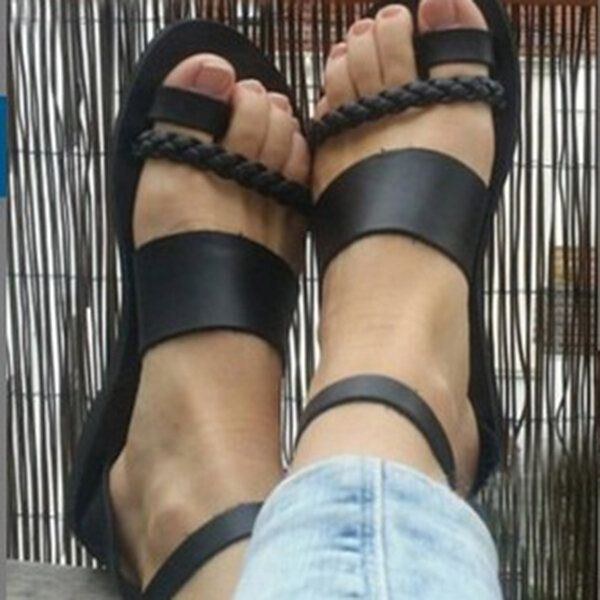 Dame Sommer Roman Black Clip Toe Spænde Strap Flade Sandaler