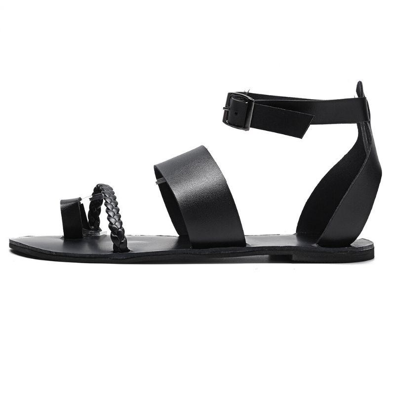 Dame Sommer Roman Black Clip Toe Spænde Strap Flade Sandaler