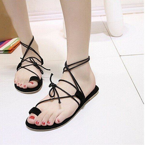 Dame Summer Beach Retro Simple Lace Up Flat Clip Toe Outdoor Sandaler Sko