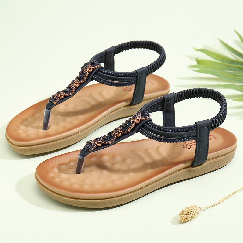 Dame T-strop Beading Elastikbånd Slip On Casual Strand Sommer Flade Sandaler