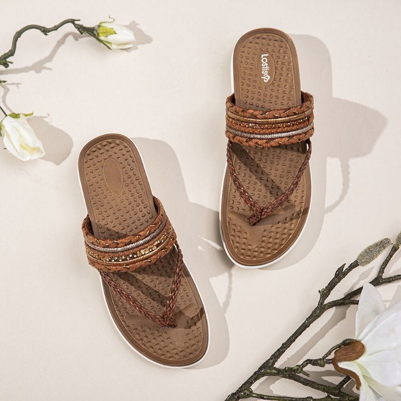 Dame Vævet Flip Flops Clip Toe Blød Sål Slip On Flat Sandaler