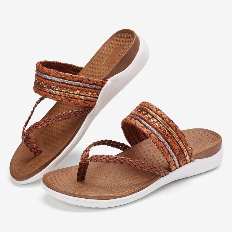 Dame Vævet Flip Flops Clip Toe Blød Sål Slip On Flat Sandaler