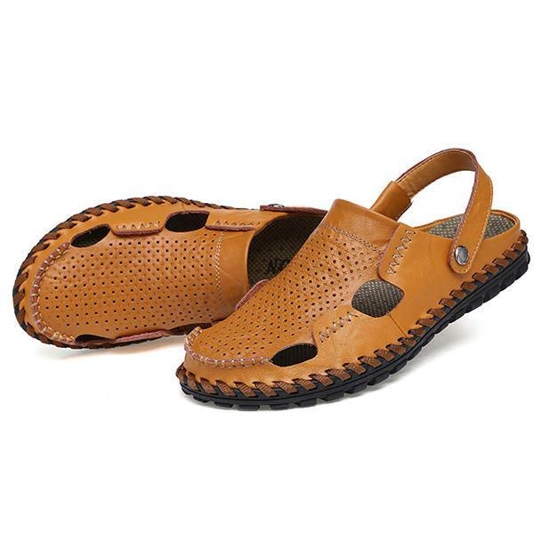 Herre Sommer Hollow Out Casual Udendørs Mode Læder Strand Bløde Flade Sandal Sko