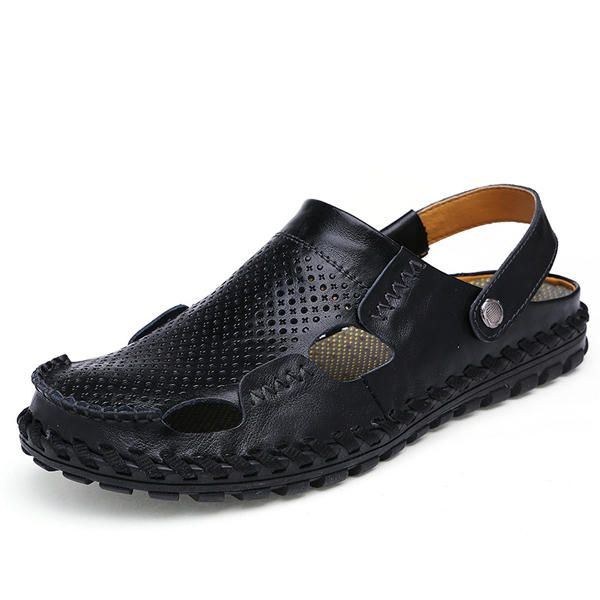 Herre Sommer Hollow Out Casual Udendørs Mode Læder Strand Bløde Flade Sandal Sko