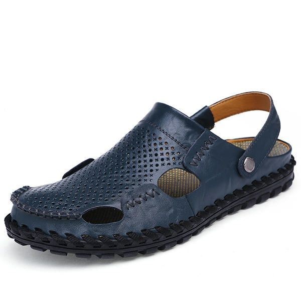 Herre Sommer Hollow Out Casual Udendørs Mode Læder Strand Bløde Flade Sandal Sko