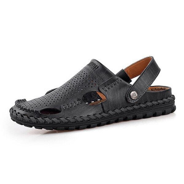 Herre Sommer Læder Sandal Casual Rund Tå Udendørs Flad Mode Blød Strand Hjemmesko