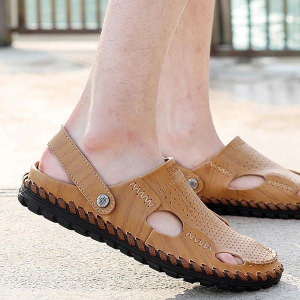 Herre Sommer Læder Sandal Casual Rund Tå Udendørs Flad Mode Blød Strand Hjemmesko