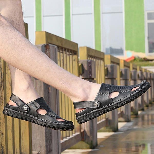 Herre Sommer Læder Sandal Casual Rund Tå Udendørs Flad Mode Blød Strand Hjemmesko