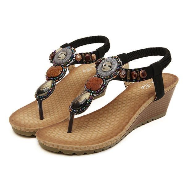 Kvinders Bohemia Bead Wedge Strandsandaler Slip On Flip Flops Elastiske Peep Toe Kiler