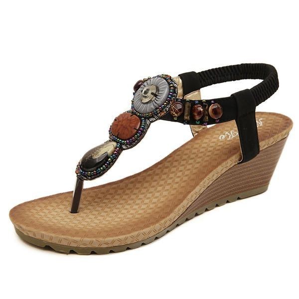 Kvinders Bohemia Bead Wedge Strandsandaler Slip On Flip Flops Elastiske Peep Toe Kiler