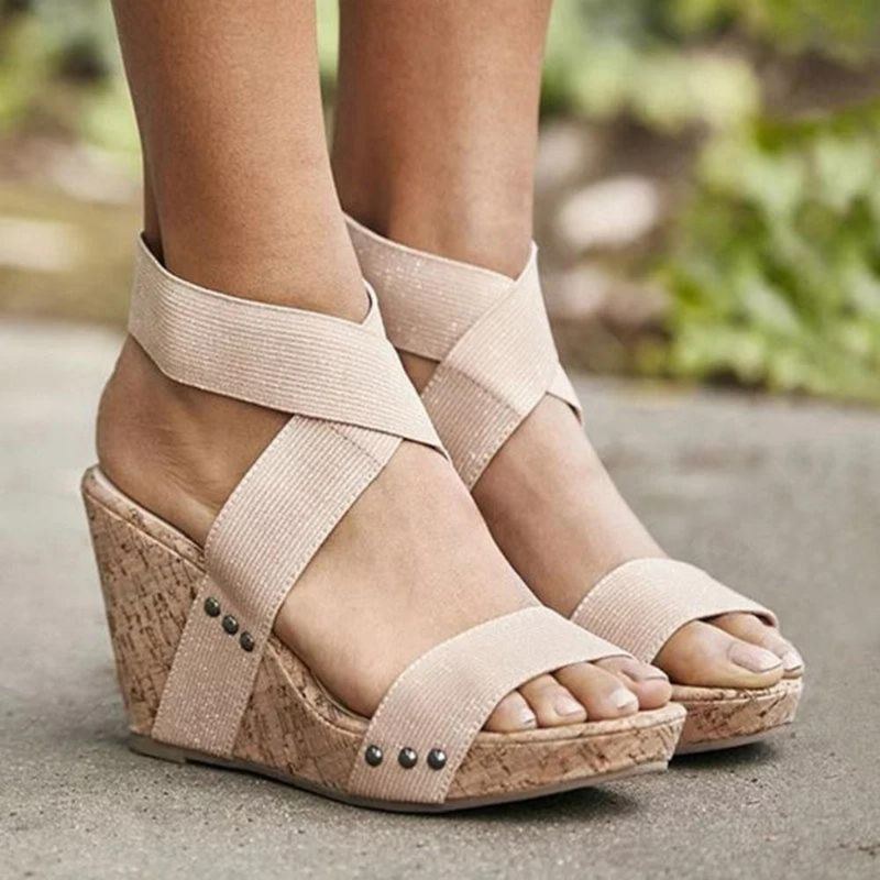 Stor Størrelse Kvinder Peep Toe Elastic Band Cross Wedge Sandaler