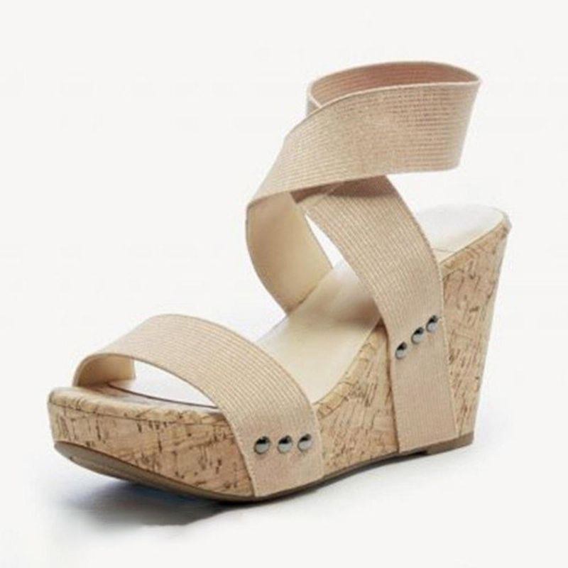 Stor Størrelse Kvinder Peep Toe Elastic Band Cross Wedge Sandaler