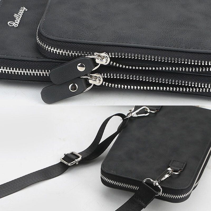 Baellerry Mænd Kunstlæder Multifunktion Lodret Stor Kapacitet Dobbelt Lynlås 6.3 Tommer Telefontaske Crossbody Taske Tegnebog